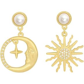 Sun Moon Asymmetric Imitation Pearl Earrings, Gold Annulus Pendant Earrings Drop Earrings