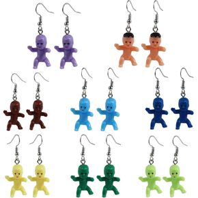 8Pairs Mini Resin Babies Dangle Earring Mixed Race Baby Doll Hook Dangling Earrings Creative Jewelry Accessory for Women Girls Baby Shower Party Vacation