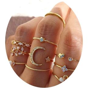 9-10pcs Bohemian Knuckle Stacking Rings for Teen Girls, Women Multiple Stackable Rhinestone Pearl Flowers Joint Finger Rings Dainty Stack Gold Midi Rings Set (adjustable)