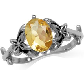 Silvershake 8X6mm Oval Shape Gemstone Antique Finishing 925 Sterling Silver Flower and Leaf Vintage Inspired Ring Jewelry for Women