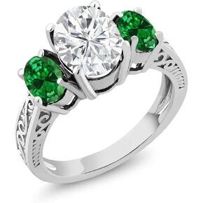 Gem Stone King 925 Sterling Silver Moissanite and Created Emerald 3-Stone Women Ring (2.10cttw, Available in size 5, 6, 7, 8, 9)