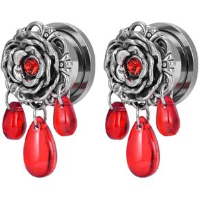 COOEAR Stainless Steel Ear Gauges Red Gem Dangle Plugs Tunnels Screw Back Rose Flower Expander.