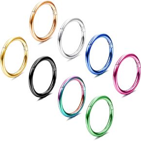 8 Pcs 16G Septum Rings 316L Stainless Steel Hinged Segment Clicker Nose Hoops for Women Men Lip Rings Cartilage Helix Conch Tragus Daith Earrings Body Piercing Jewelry