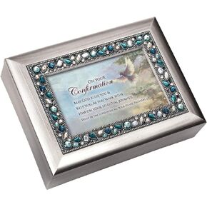 Cottage Garden On Your Confirmation May God Bless Brushed Silvertone Jeweled Music Box Plays On Eagle's Wings