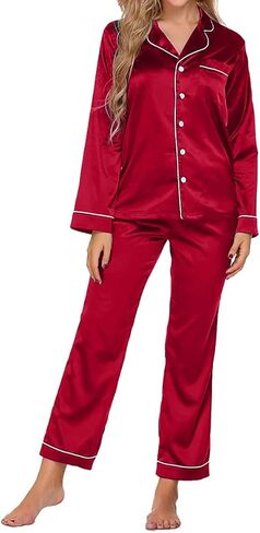 طقم بيجامة حريمي من الساتان والحرير من Crocon مكون من قطعتين طقم بيجاما ملابس نوم قطعتين ملابس نوم بأكمام طويلة وزر سفلي طقم Pj in Kuwait