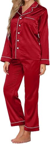 طقم بيجامة حريمي من الساتان والحرير من Crocon مكون من قطعتين طقم بيجاما ملابس نوم قطعتين ملابس نوم بأكمام طويلة وزر سفلي طقم Pj in Kuwait