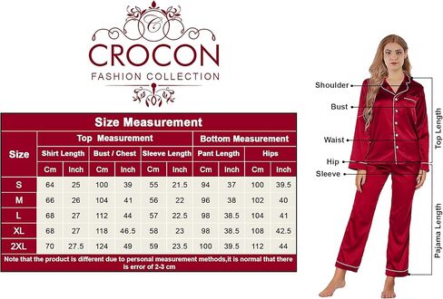 طقم بيجامة حريمي من الساتان والحرير من Crocon مكون من قطعتين طقم بيجاما ملابس نوم قطعتين ملابس نوم بأكمام طويلة وزر سفلي طقم Pj in Kuwait