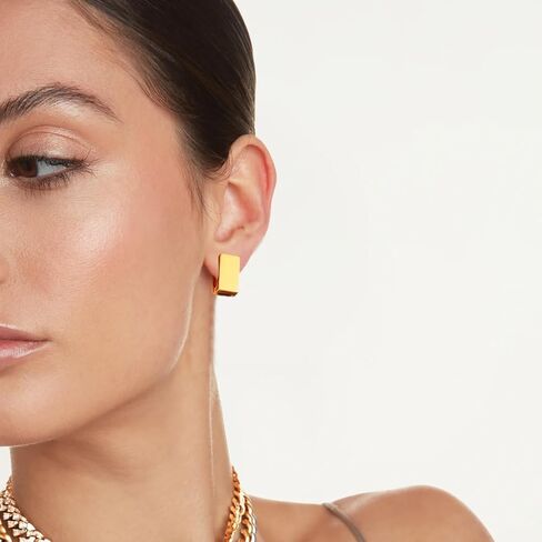 اقراط حلقية ذهبية للنساء، اقراط حلقية مربعة بتصميم هندسي بسيط، مجوهرات للهدايا، مقاس M، نحاس، حجر ذهبي in Kuwait