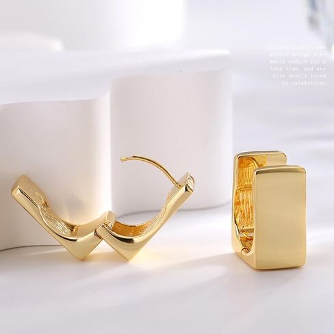 اقراط حلقية ذهبية للنساء، اقراط حلقية مربعة بتصميم هندسي بسيط، مجوهرات للهدايا، مقاس M، نحاس، حجر ذهبي in Kuwait