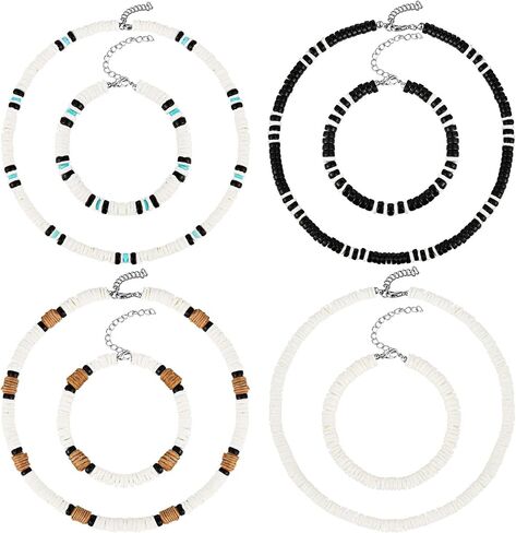 Yinkin 8 Pcs Puka Shell Beads Necklace and Bracelet Set 4 Pcs Summer Seashell Necklaces Adjustable Surfer Chokers 4 Pcs Shell Bracelet for Men Women Beach in Saudi Arabia