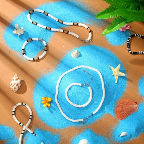 Yinkin 8 Pcs Puka Shell Beads Necklace and Bracelet Set 4 Pcs Summer Seashell Necklaces Adjustable Surfer Chokers 4 Pcs Shell Bracelet for Men Women Beach in Saudi Arabia