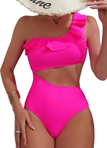 MakeMeChic Women's Cut Out One Piece Swimsuit Ruffle Trim Asymmetrical High Waisted Bathing Suit in Saudi Arabia