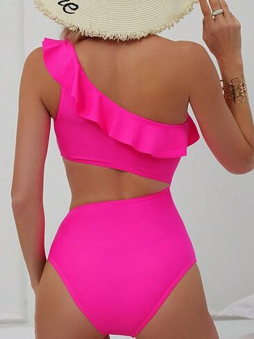 MakeMeChic Women's Cut Out One Piece Swimsuit Ruffle Trim Asymmetrical High Waisted Bathing Suit in Saudi Arabia