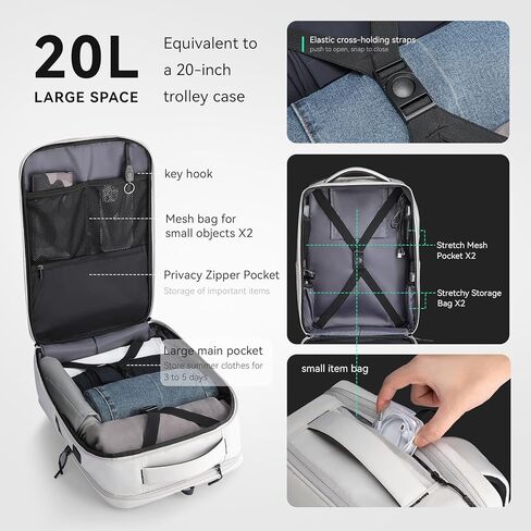 حقيبة ظهر للسفر للنساء من Muzee، حقيبة ظهر للكمبيوتر المحمول مقاس 17 بوصة مع قابس USB، حقيبة ظهر معتمدة للسفر، حقيبة ظهر كاجوال للعمل (أبيض) in Kuwait