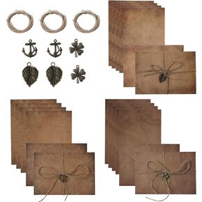 SAVITA 30pcs Antique Envelopes and Paper Set, 6.4x4.5inch 6pcs Ancient Retro Old Envelopes and 12pcs Antique Papers with 6pcs Hemp Ropes 6pcs Decorative Charms Aged Envelopes for Writing (Style 2)