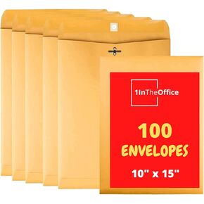 1InTheOffice Clasp Envelopes 10x15, Brown Manilla Envelopes with Clasp, Gummed Flaps, 10" x 15" Clasp Envelopes, (100)