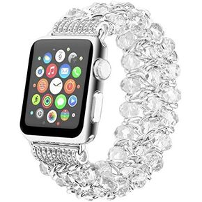 Glitter Beaded Bracelet Compatible for Apple Watch Women Clear 38mm 40mm 41mm 42mm 44mm 45mm 49mm Band,Fohuas Crystal Pearl Bangle for iWatch Ultra Series SE 9 8 7 6 5 4 3 2 1 Metal Pink Elastic Jewelry Strap for iphone watch Starlight Silver Black Gold R
