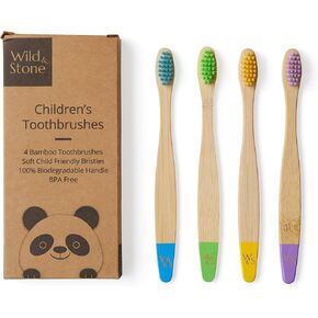 Wild & Stone | Organic Children's Bamboo Toothbrush | 4 Pack | Soft Fibre Bristles | 100% Biodegradable Handle | BPA Free | Vegan Eco Friendly Kids Toothbrushes (Multicolor)