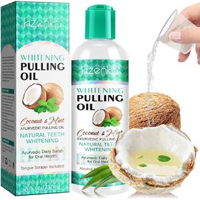 زيت سحب جوز الهند لغسول الفم، سحب زيت النعناع لتبييض الأسنان، نفس منعش، صحة اللثة، زيت سحب طبيعي مع مكشطة اللسان، مع 7 زيوت عطرية، فيتامين د، ه، ك2، خالي من الكحول، 237 مل in Kuwait
