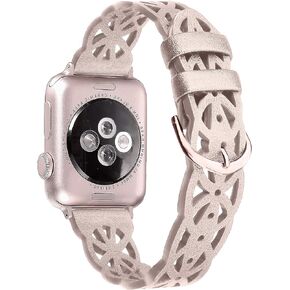 Secbolt Hollowed-Out Leather Band Compatible with Apple Watch 38mm 40mm 41mm 42mm 44mm 45mm iWatch Series 9/8/7/6/SE/5/4/3/2/1, Elegant Top-Grain Leather Wristband Strap Accessories for Women