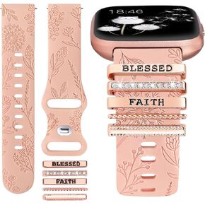 Minyee Floral Engraved Band with Charms Compatible with Fitbit Versa 2/Fitbit Versa/Versa Lite Bands Women,Bling Decorative Ring Loop Cute Soft Silicone Flower Fancy Strap for Versa 2 Watch(with Band)