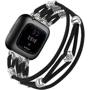 W-RARA Beaded Bracelet Compatible with Fitbit Versa 2/Versa/Versa Lite Bands for Women, Stretchy Nylon Solo Loop Strap Elastic Handmade Boho Cute Stylish Wristbands for Versa 2 Smart Watch