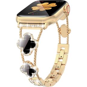 CTYBB Bling Womens Band Compatible with Apple Watch Band 40mm 41mm 38mm Series 9 8 7 6 5 4 3 2 1 SE, Sparkle Diamond Replacement Bracelet Wristband, Cute Lucky Clover Dressy iWatch Band,Gold/Black