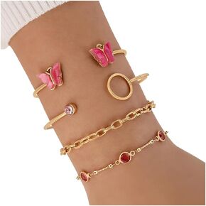 4PCS Bohemian Butterfly Crystal Stone Opening Bracelets for Women Girls,Charms Multi-Laye Boho Gold Chain Rhinestone Adjustable Bracelets Set