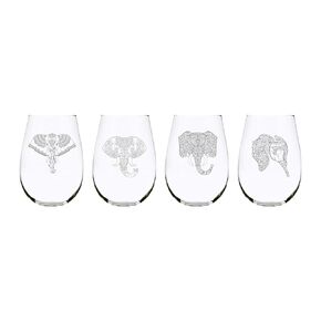 C & M Personal Gifts 4-Pieces Stemless Wine Glass Set – Crystal Wine Glasses with Elephant Engraved Design, Ideal Glass Gift for Anniversaries, Newlyweds, Dinner Parties