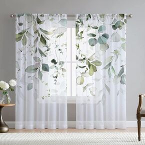 Floral Sheer Curtains for Living Room 84 inch Length 2 Panels Set Elegant Purple Flower Green Leaves Printed Window Curtain Chiffon Drapes for Bedroom