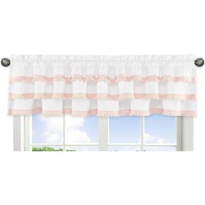Sweet Jojo Designs Boho Bohemian Window Treatment Valance - Blush Pink and White Farmhouse Shabby Chic Designer Modern Minimalist Ruffle Tassel Fringe Macrame Cotton