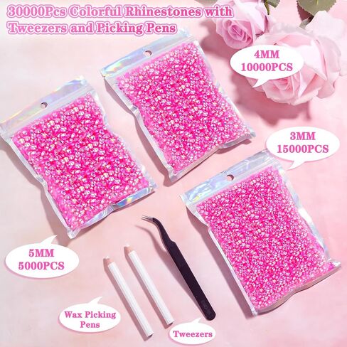 30000Pcs Rhinestones for Crafts with Tweezers and Picking Pens, 3mm 4mm 5mm Non-Hotfix Flatback Rhinestones Bling Kit, Green AB Resin Rhinestones for Clothing, Shoes, Tumblers, Nails, Makeup in Saudi Arabia