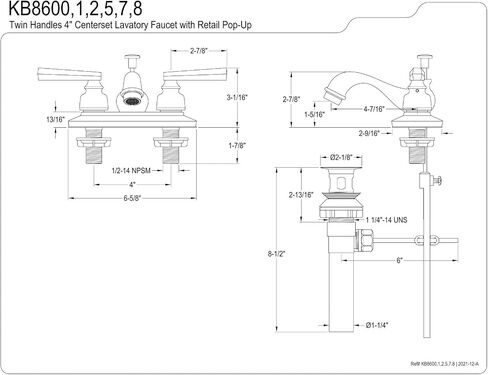 Kingston Brass KB8602 Royale 4 بوصة صنبور حمام في المنتصف، وصول صنبور 4-1/2 بوصة، نحاس مصقول in Kuwait
