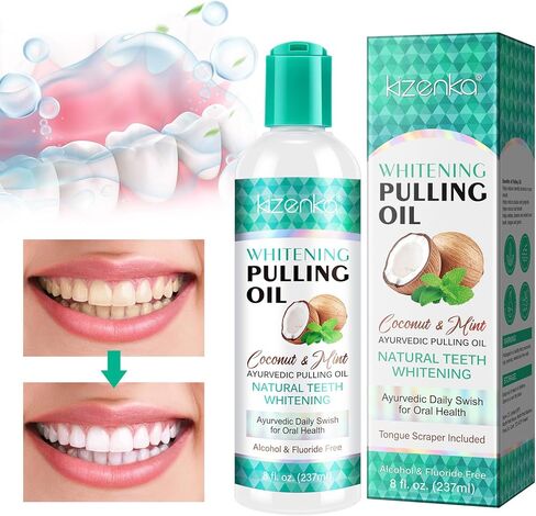 زيت سحب جوز الهند لغسول الفم، سحب زيت النعناع لتبييض الأسنان، نفس منعش، صحة اللثة، زيت سحب طبيعي مع مكشطة اللسان، مع 7 زيوت عطرية، فيتامين د، ه، ك2، خالي من الكحول، 237 مل in Kuwait