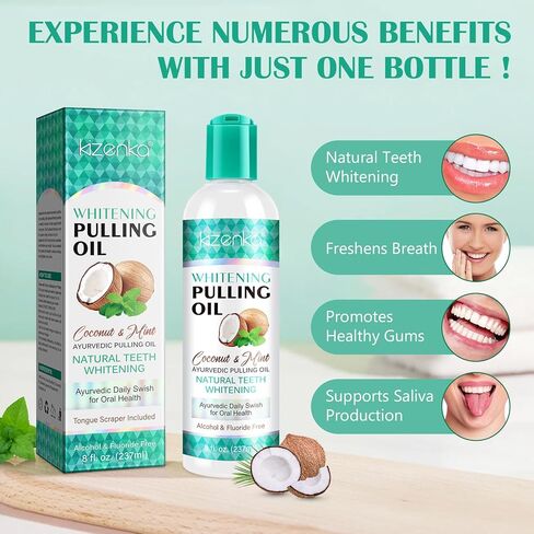 زيت سحب جوز الهند لغسول الفم، سحب زيت النعناع لتبييض الأسنان، نفس منعش، صحة اللثة، زيت سحب طبيعي مع مكشطة اللسان، مع 7 زيوت عطرية، فيتامين د، ه، ك2، خالي من الكحول، 237 مل in Kuwait