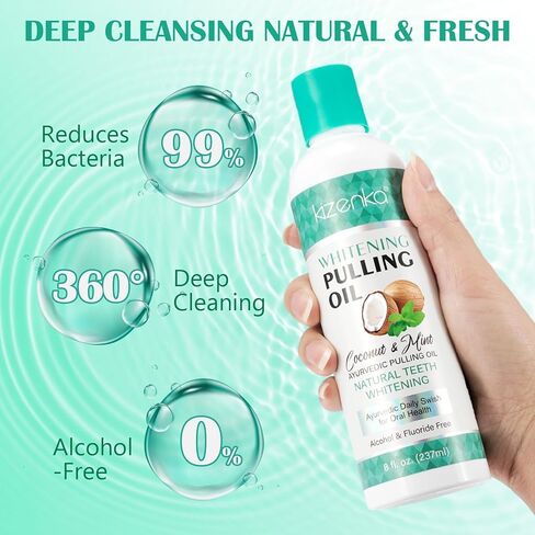 زيت سحب جوز الهند لغسول الفم، سحب زيت النعناع لتبييض الأسنان، نفس منعش، صحة اللثة، زيت سحب طبيعي مع مكشطة اللسان، مع 7 زيوت عطرية، فيتامين د، ه، ك2، خالي من الكحول، 237 مل in Kuwait
