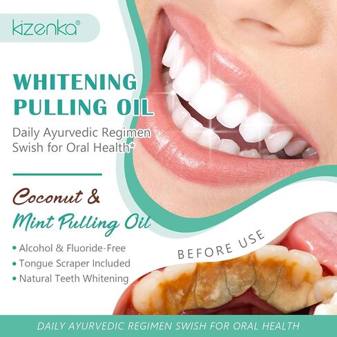 زيت سحب جوز الهند لغسول الفم، سحب زيت النعناع لتبييض الأسنان، نفس منعش، صحة اللثة، زيت سحب طبيعي مع مكشطة اللسان، مع 7 زيوت عطرية، فيتامين د، ه، ك2، خالي من الكحول، 237 مل in Kuwait