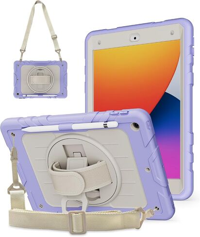 حافظة لجهاز iPad الجيل التاسع 2021/ iPad الجيل الثامن 2020/ iPad الجيل السابع 2019 (حافظة iPad 10.2)، مع حزام يد، حزام كتف، حامل دوار 360 درجة - أرجواني + بيج in Saudi Arabia