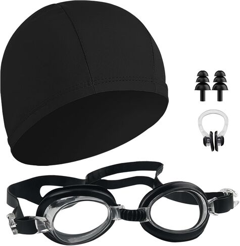 1 Pack Black Fabric Swimming Cap with Anti Fog UV Protection Goggles, Nose Clip, Ear Plugs for Both Adults & Kids in Kuwait