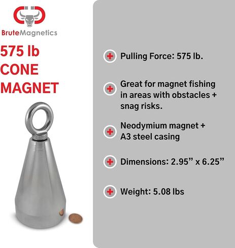 Brute Magnetics Cone Fishing Magnet | 575 lbs Rare Earth Neodymium Magnet | Includes 2.95" Powerful Magnet and Threadlocker |Strong Magnets for Fishing in Lakes or Rivers in Kuwait