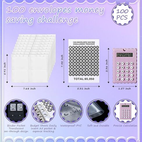 Zhanmai 100 Envelopes Money Saving Challenge Binder Kit with Mini Calculator, A5 Budget Binder Book Organizer with Cash Envelopes for 100 Day to Save $5,050 Budgeting Money Saving(Black) in Saudi Arabia