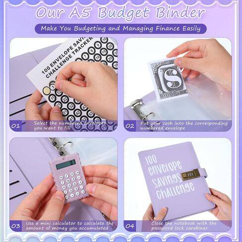 Zhanmai 100 Envelopes Money Saving Challenge Binder Kit with Mini Calculator, A5 Budget Binder Book Organizer with Cash Envelopes for 100 Day to Save $5,050 Budgeting Money Saving(Black) in Saudi Arabia