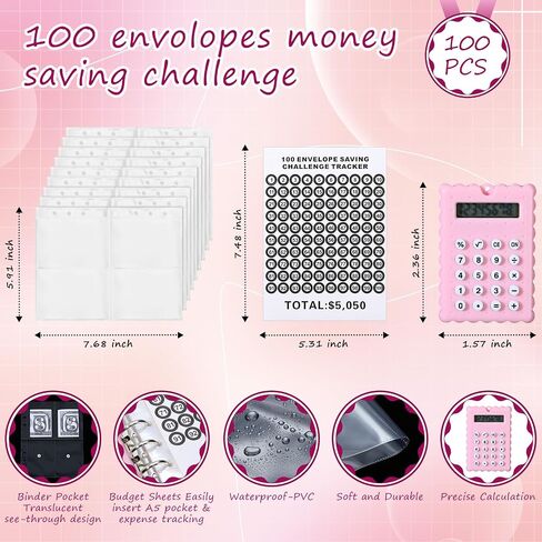 Zhanmai 100 Envelopes Money Saving Challenge Binder Kit with Mini Calculator, A5 Budget Binder Book Organizer with Cash Envelopes for 100 Day to Save $5,050 Budgeting Money Saving(Black) in Saudi Arabia