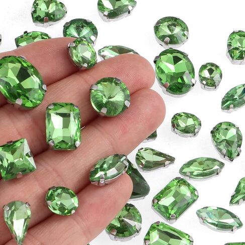 50 PCS Sew on Rhinestones Mixed Shapes Glass Rhinestones Sew on Crystal Gems Mental Flatback with Silver Claw for Jewelry Crafts Clothes DIY Craft Shoes Dress Jewelry Making Light Green in Saudi Arabia