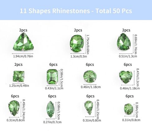 50 PCS Sew on Rhinestones Mixed Shapes Glass Rhinestones Sew on Crystal Gems Mental Flatback with Silver Claw for Jewelry Crafts Clothes DIY Craft Shoes Dress Jewelry Making Light Green in Saudi Arabia