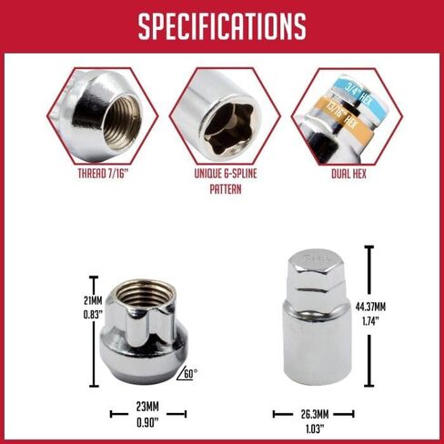 Wheel Accessories Parts 7/16" Thread Open End 0.83" Long Locking Wheel Lug Nuts Lock Chrome Dual Hex Key 13/16" and 3/4" Fits Many Classic Chevrolet, Buick, GMC, Pontiac Vehicles in Saudi Arabia