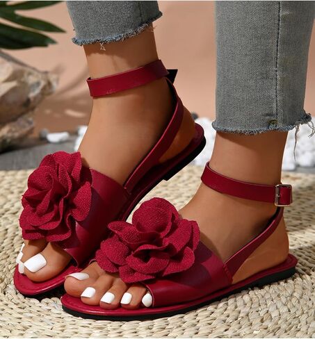 Women's Floral Appliques Open Toe Flat Sandals PU Leather Buckle Ankle Strap Dressy Slides Summer Shoes in Saudi Arabia
