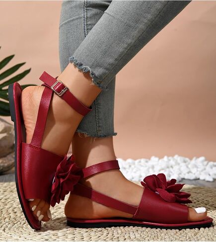 Women's Floral Appliques Open Toe Flat Sandals PU Leather Buckle Ankle Strap Dressy Slides Summer Shoes in Saudi Arabia