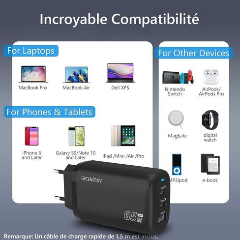 GECENinov USB C Charger 33W, GaN PPS Compact Rapid Charger Block, USB C Wall Plug for Galaxy S23 Ultra, i-Phone 15 / Pro/Por Max, MacBook Air, i-Pad Mini, etc. (Cable not Included) - Black in Saudi Arabia