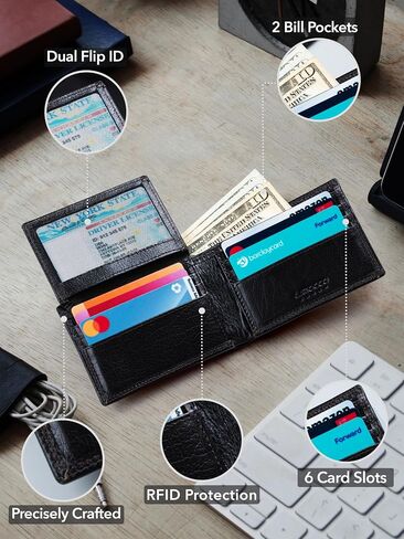 Men's Genuine Leather Wallet Bifold with Flip ID- RFID Blocking Slim Leather Wallets for Men- Aurum Series- Gift for Him- Dad Gifts in Saudi Arabia